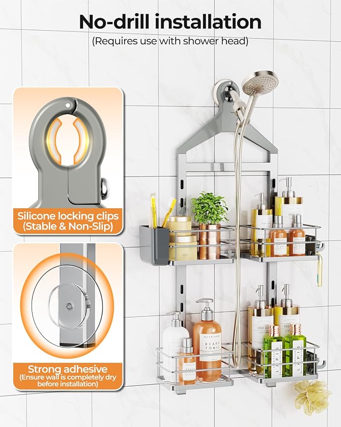ODesign 2 Tier Height-Adjustable Shower Caddy Hanging Anti-Swing-Over The Shower Head Caddy-Storage Organizer Bathroom Shelves Basket-Silver