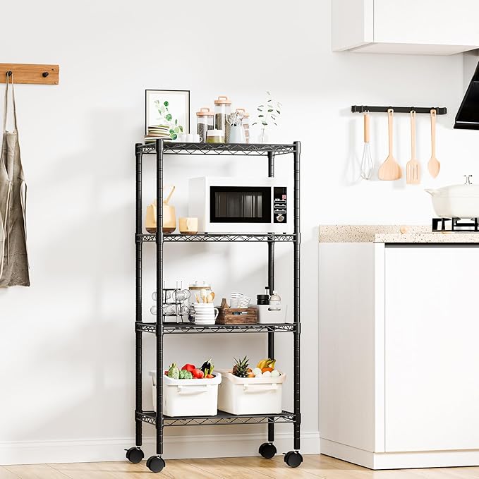 DUMOS 4-Tier Metal Wire Storage Shelves, Adjustable Standing Storage Rack Shelf with Wheels, Heavy Duty Steel Shelving Unit Organizers for Kitchen Bathroom Pantry Garage, 23.2"Wx 3.4"Dx47.1"H, Black