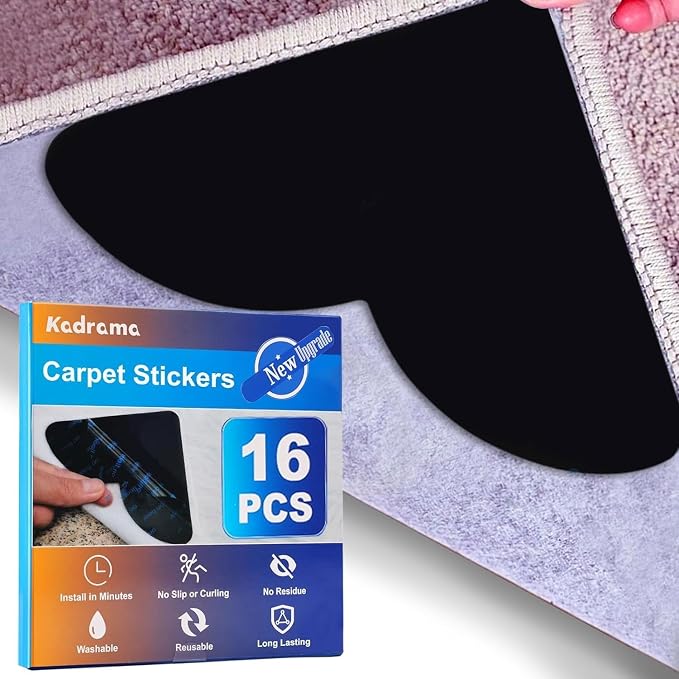 16PCS Rug Pad Grippers, Non Slip Carpet Stickers for Area Rugs, Hardwood Floor, Wood Floor, Tile Floors, Reusable Rug Corners Sticker to Hold Rug Down, Washable Carpet Stickers for Area Rugs(Black)