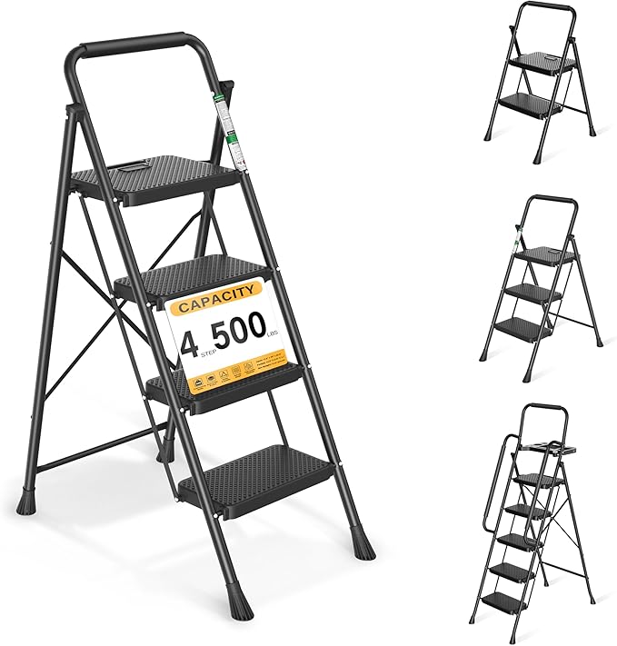 Arbusb Step Ladder, Folding Step Stool with Wide Anti-Slip Pedals, Sturdy Steel Ladder with Handrail, Space-Saving, Portable for Home & Adults, 4 Step Ladder