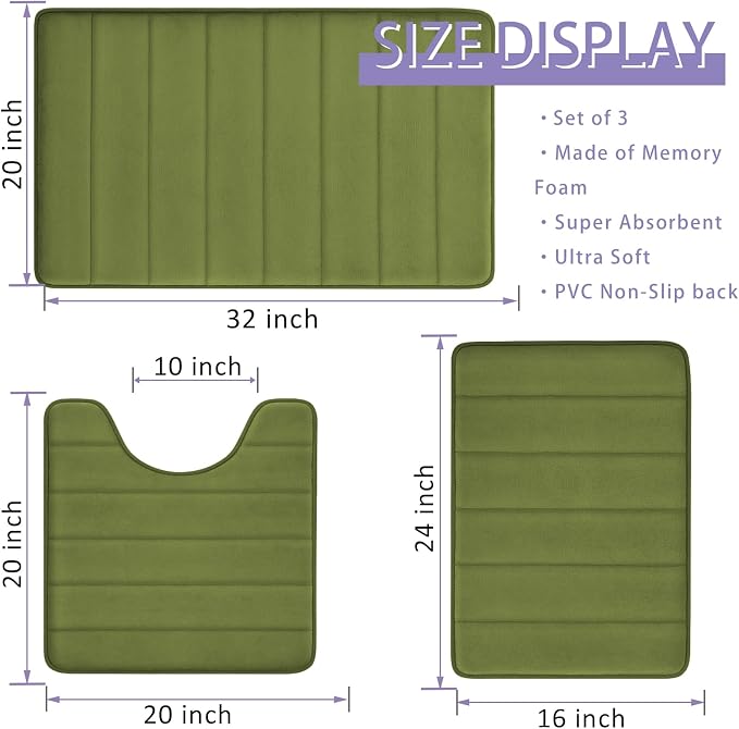 Sage Green Bathroom Rugs Sets 3 Piece Memory Foam Non Slip Bath Mats for Bathroom Floor and U-Shaped Contour Toilet Rug, Soft Washable Bathrom Sets Mats and Rugs Sets for Toilet Shower Sink