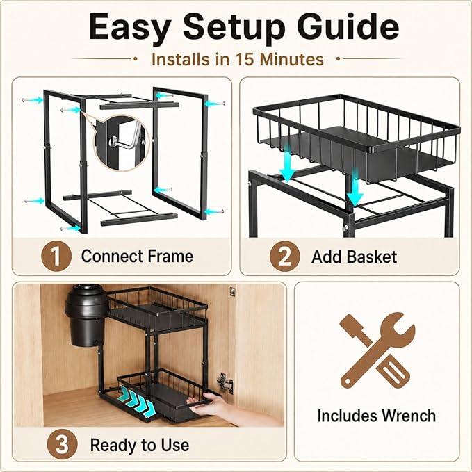 iSPECLE Under Kitchen Sink Organizer - 2 Tier Pull Out Under Sink Storage for Centered Garbage Disposal, Reach Back Items Easily Adjustable Shelf Height Heavy Duty H-Frame for Bathroom Sink Bases