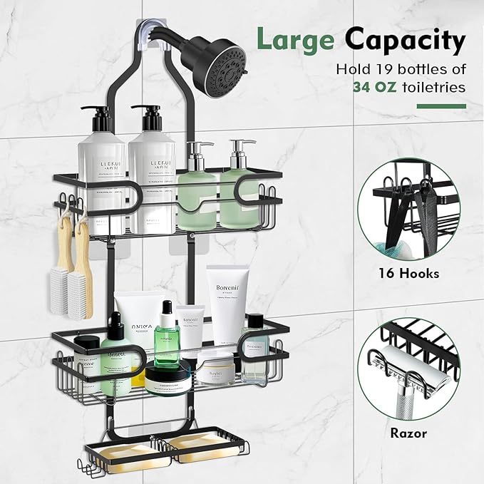 Shower Caddy Hanging, Over Head Shower Caddy Shower Storage Rack Basket with Hooks for Razor and Sponge Rustproof, No Drilling, Accessories for Bathroom and Kitchen, Black2