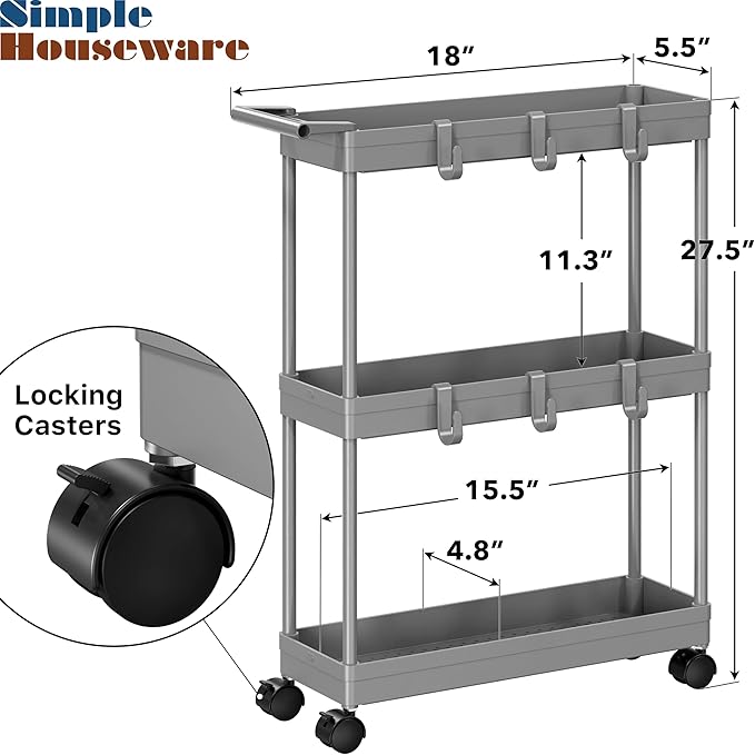 Simple Houseware 3-Tier Slim/Narrow Storage Cart with Handle, 5.5'' Wide x 27.5'' Height Rolling Organizer for Kitchen, Bathroom, Laundry Room - Grey