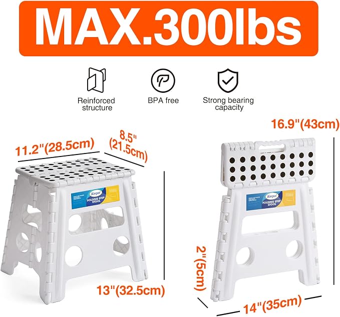 Korpai 13" Folding Step Stool for Adults and Kids Holds Up to 300 lbs,Non-Slip Folding Stools with Portable Handle, Compact Plastic Foldable Step Stool for Bathroom,Bedroom, Kitchen,White,1PC