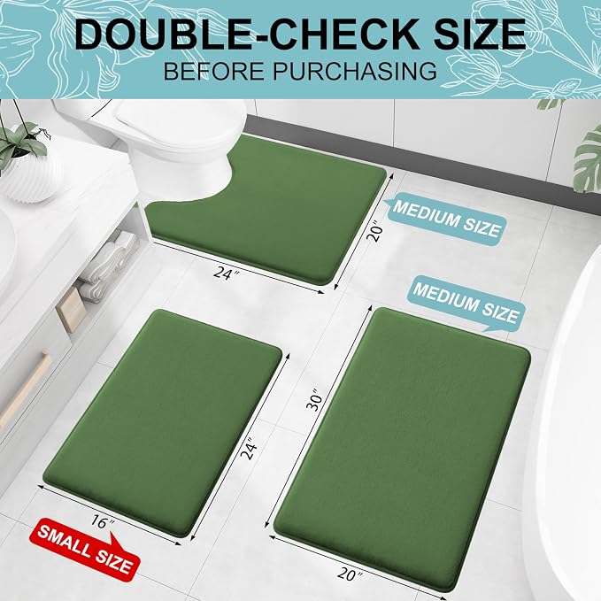 Smiry Memory Foam Bath Mat 30x20, Extra Soft and Absorbent Bathroom Mats, Non Slip Washable Carpet for Floor, Shower and Tub, Olive Green