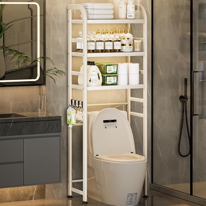Purebox Over The Toilet Storage, Enhanced Oval Tube Heavy Duty Bathroom shelf organizer, Freestanding Metal Toilet Storage Cabinet With Suction Cups for fastening, 3-Tires Over The Toilet Rack (white)