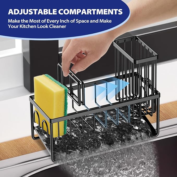 Sinnsally Kitchen Sponge Holder,Sink Caddy Organizer with Brush Holder,Stainless Steel Sink Box Dish Scrubber Holder with Self Drain Tray,Soap Dispenser Kitchen Storage Accessories(1 Tier-Black)