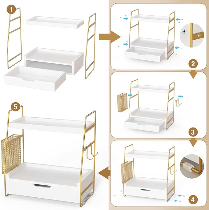 2-Tier Bathroom Counter Organizer with Drawer and Removable Basket, Wood Vanity Countertop Storage for Perfume, Makeup, Skincare, Bathroom Counter Shelf, 13" x 7.9" x 14.5", White Gold