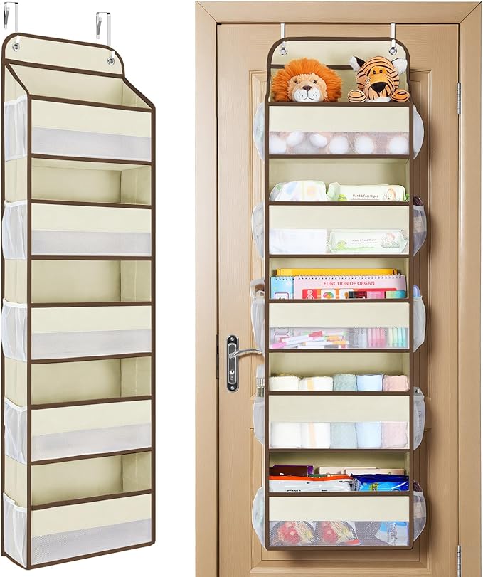Yecaye Over The Door Organizer Storage, 5-Tier Heavy Duty Door Organizers Hanging with 10 Side Mesh Pockets, 44 lbs Load Capacity Behind Door Storage for Bathroom Nursery Bedroom Dorm Closet,Beige,1Pc