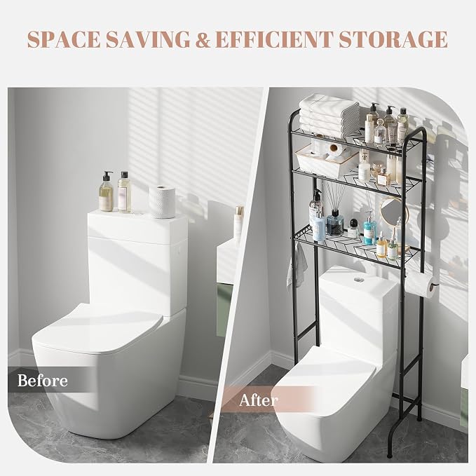 STDDRE 3-Tier Over The Toilet Storage Space Saver with Paper Holder Freestanding Rack Metal Bathroom Shelves with Hooks Above The Toilet Storage Shelf (Black, 3 Tier)