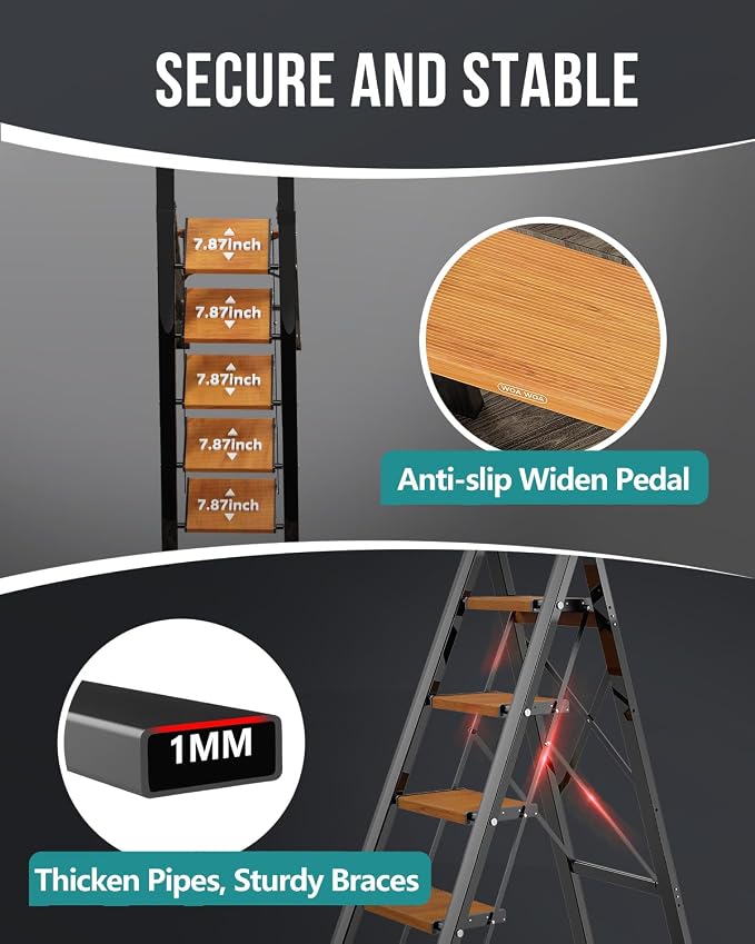 WOA WOA 5 Step Ladder, Ladders for Home, Anti-Slip Pedals, Aluminum Step Stool Foldable, Lightweight to Move, Ease of Storage, Reach 10ft for Closet Kitchen Library, Hold 300lbs - Black&Wood Grain
