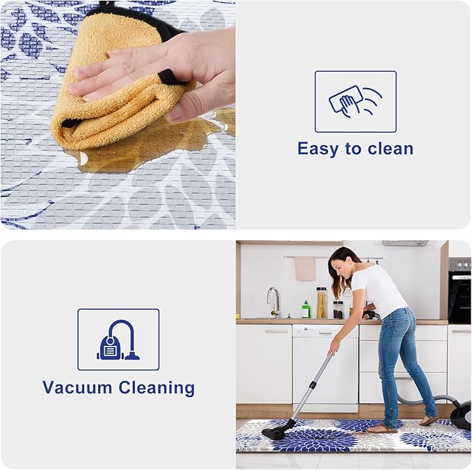 Anti Fatigue Kitchen Mats 2PCS,Boho Dahlia Kitchen Rugs Non Slip Rubber Backing, Farmhouse Waterproof Kitchen Mat for Floor,Cushioned Standing Mat for Kitchen,Laundry,Sink,Desk,Blue