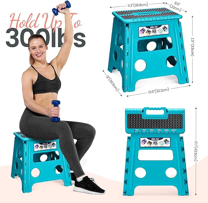 Delxo Folding Step Stool, 13 inch Non-Slip Foldable Stools Up to 300 LBS, Step Stool with Handle, Lightweight for Kitchen, Bathroom, Bedroom, Garden Stepping Stool with Dotted Blue 1 PC