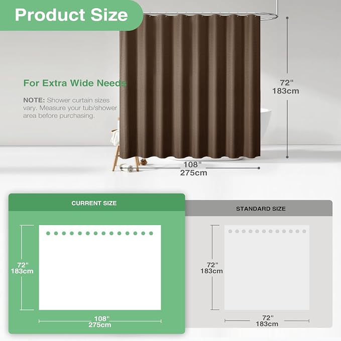 Dynamene Extra Wide Shower Curtain-108 Inch Wide Waffle Weave Weighted Thick Cloth Bathroom Shower Curtain, Neutral Heavy Duty Hotel Bath Curtain Set with 18 Plastic Hooks,108x72, Brown