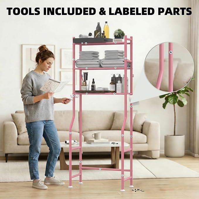 GloTika 3-Tier Over Toilet Storage with Anti-Tilt Safety System - 150lb Total Capacity Metal Bathroom Shelves Including Paper Holder & 4 Hooks, Space Saving Above Commode Organizer (64" H, Pink)
