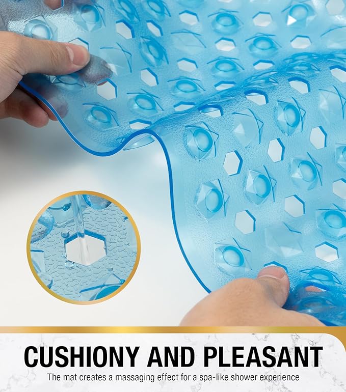 HITSLAM Non Slip Shower Stall Mat with Center Drain Hole, Diamond Textured PVC Bath Mat for Inside Shower, Machine Washable, Strong Suction Cups for Bathroom Bathtub Mat, 24x24 Inch, Blue