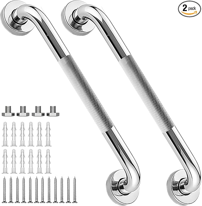 12 Inch Shower Grab Bar 1.25" Dia, 2 Pack Chrome Anti Slip Bathroom Grab Bar, 304 Stainless Steel Knurled Handicap Grab Bars, Safety Support Handrail,Bath Shower Handle for Elderly Injury Senior