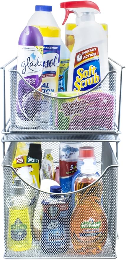 Sorbus® Cabinet Organizer Drawer with Cover—Mesh Storage Organizer w/Pull Out Drawers—Stackable, Ideal for Countertop, Cabinet, Pantry, Under the Sink, Desktop and More (Silver Bottom Drawer)