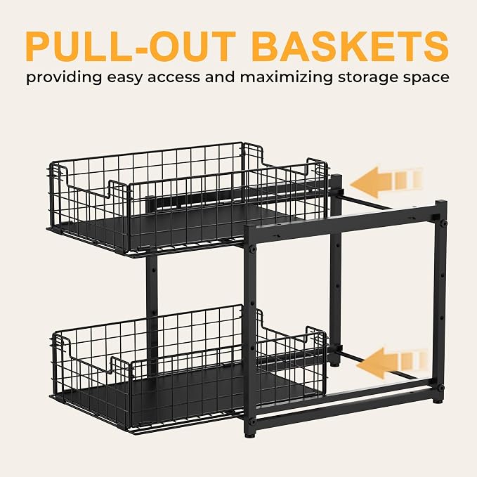Under Sink Organizer, 2-Tier Pull Out Cabinet Organizer, Adjustable Height Bathroom Organizer and Storage, Spice Rack for Kitchen, Sliding Drawers Shelves 13.8×11×15.8 Inch (1 Pack)