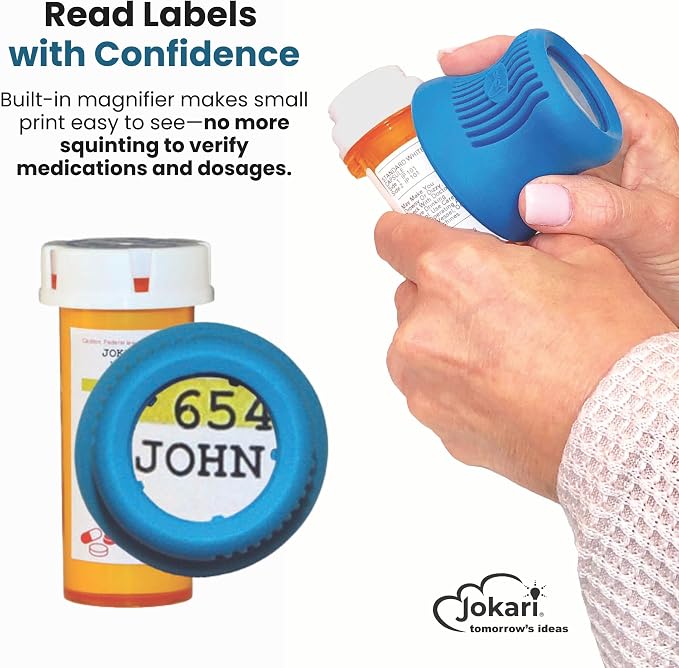 Jokari Easy Open Medicine Bottle Opener with 4x Magnifier for Seniors and Arthritis Built-in Cap Grip Tool for Pill Bottles Prescription Labels Vitamins and Supplements