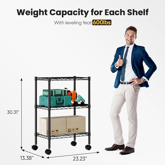 DUMOS 3-Tier Metal Wire Storage Shelves, Adjustable Standing Storage Rack Shelf with Wheels, Heavy Duty Steel Shelving Unit Organizers for Kitchen Bathroom Pantry Garage, 23.1" Wx13.4 Dx30.2 H, Black