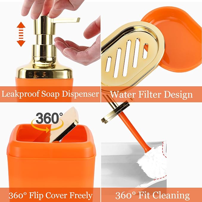 XLHOMO Orange Bathroom Accessories, Bathroom Sets with Stripe Shower Curtain, Orange and Gold Bathroom Accessories Set with Trash Can, Soap Dispenser, Soap Dish, Qtip Holders for Bathroom
