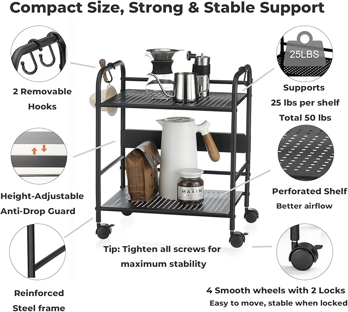 2-Tier Metal Rolling Cart, Under Desk Storage with 12.2" Shelf Clearance, Anti-Drop Guard & Hooks, Compact Utility Cart for Kitchen, Office, Laundry, Bathroom, Pantry, Living Room - Black
