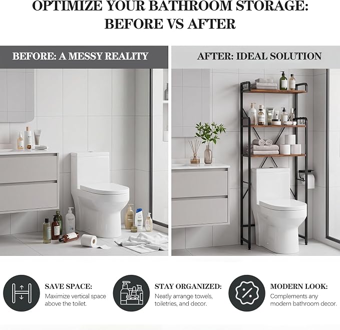 Over The Toilet Storage Cabinet, 3-Tier Bathroom Organizers and Storage with Hooks, Freestanding Shelf Toilet Rack, Small Bathroom Laundry Space Saver with Towel Rack & Toilet Paper Holder(Brown)