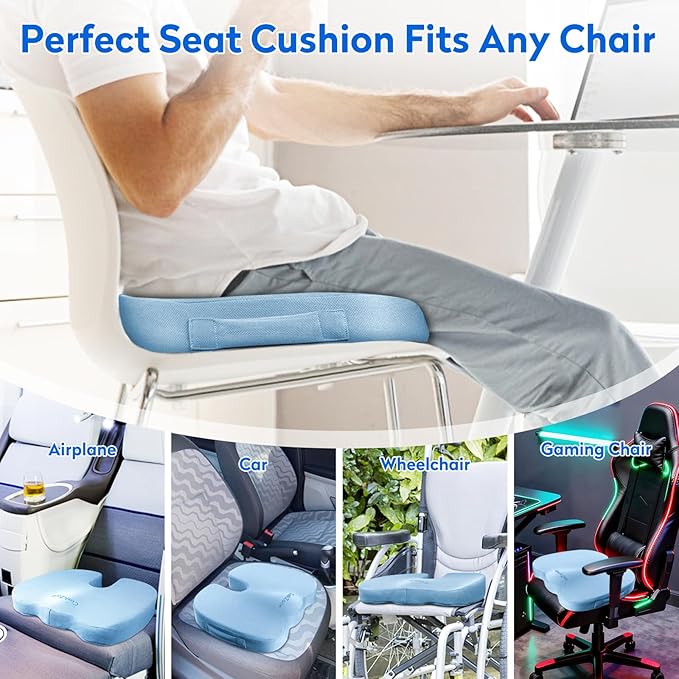 CushZone Seat Cushion, Office Chair Cushions, Car Seat Cushion, Non-Slip Sciatica & Back Coccyx Tailbone Pain Relief Chair Pad, Memory Foam (Light Blue)