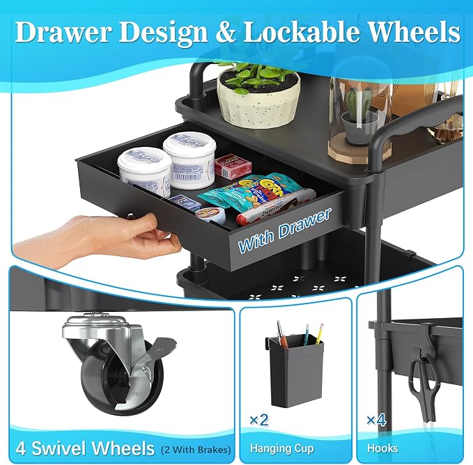 SUNALLY 4 Tier Rolling Utility Cart with Drawer, Storage Organizer Cart with 2 Lockable Wheels, Multifunctional Rolling Storage Cart for Bathroom, Kitchen, Craft, Makeup, Baby Essentials, Black