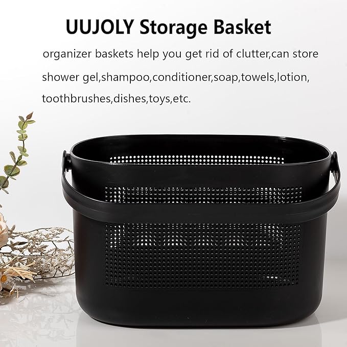 UUJOLY Plastic Storage Baskets with Handles, Shower Caddy Shelf Organizers Basket for Bathroom, Kitchen, Dorm Room, Black