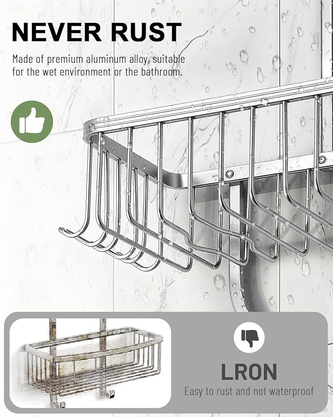 Shower Caddy Hanging - Never Rust Shower Hanging Organizer - Aluminum Over the ShowerHead Caddy with Soap Basket and 6 Hooks for Razor/Sponge (Shiny Silver)