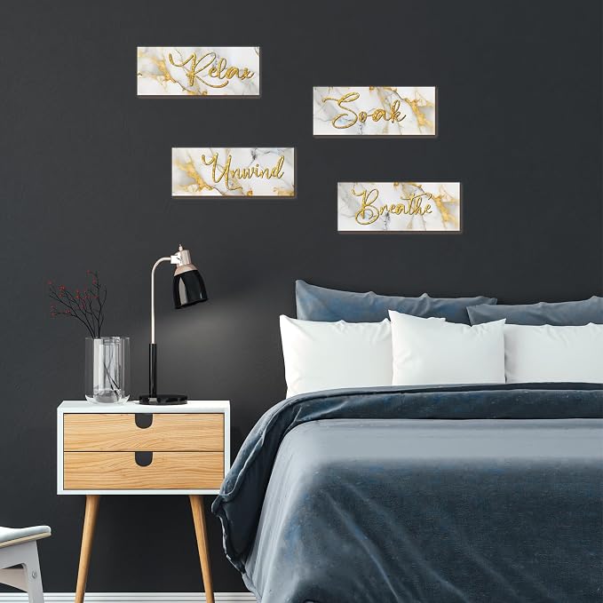 ONIZHITY 4 Pcs White and Gold Bathroom Decor White Gold Wall Decor Relax Soak Unwind Breathe Wooden Rustic Marble Style Bathroom Accessories for Bedroom Living Room Decor Kitchen(10X4)