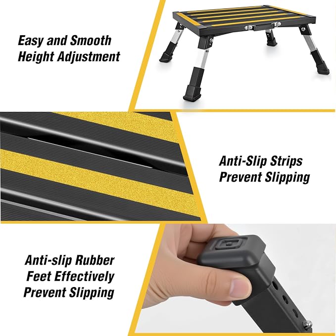 Nilight RV Step Stool Aluminum Folding Platform Steps 19x14.5 RV Steps 4 Levels Adjustable Heavy Duty Step Stool with Anti-Slip Surface Rubber Feet Portable Handle 500lbs for Camper Trailer, Black