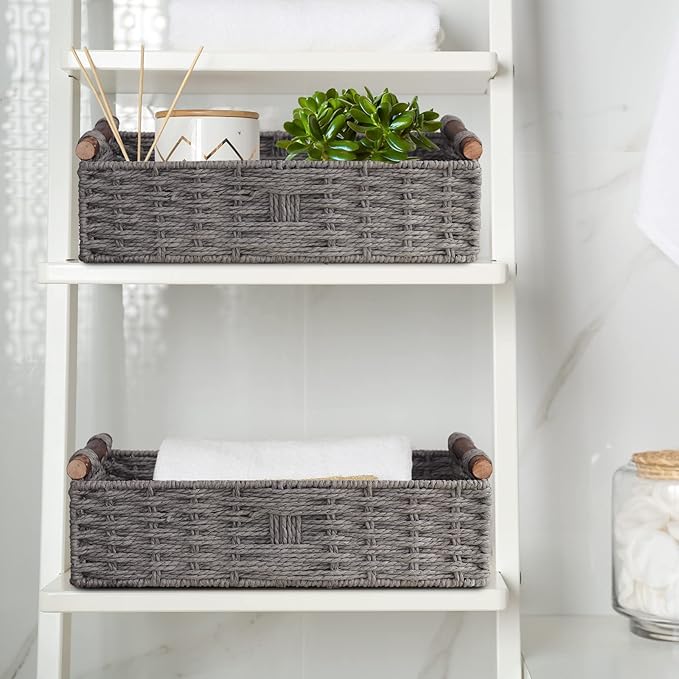 Round Paper Rope Storage Basket Wicker Baskets for Organizing with Handle Decorative Storage Bins for Countertop Toilet Paper Basket for Toilet Tank Top Small Baskets Set,Grey