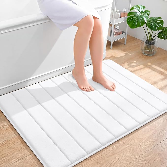 OLANLY Memory Foam Bath Mat 40x32, Super Soft Absorbent Bathroom Rugs, Quick Dry, Machine Washable Shower Floor Rugs, Bathmat Carpet, Bathroom Home Decor Accessories, White