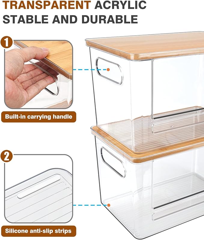 Trash Bag Dispenser 2 Pack - Under Sink Organizer, Plastic Bag Holder, Stackable Acrylic Garbage Bag Storage with Bamboo Lid for Kitchen Cabinet, 13/30/33 Gallon Grocery Bag Dispenser
