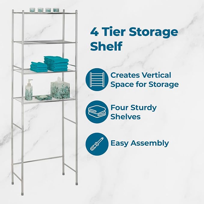 Honey-Can-Do 4-Tier Over-The-Toilet Storage Shelf - Space-Saving Steel Bathroom Restroom Organizer with Neutral Chrome Finish, Ideal for Towels, Toiletries, & Essentials - 24"W x 68"H x 11"D