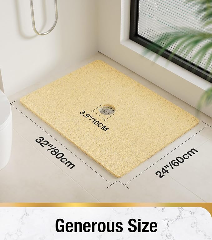 HITSLAM Shower Mat, 32 x 24 Inch Non Slip Bath Mat for Tub, Soft PVC Loofah Bathtub Mats with Drain Holes, Quick Drying Bathroom Stall Floor Mat, Bathroom Accessories Without Suction Cup, Beige