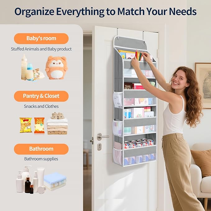 Yecaye Over The Door Organizer, Heavy Duty Hanging Organizers and Storage with 4 Large Capacity Pockets, Swing-Proof Behind The Door Storage for Bathroom Nursery Bedroom Dorm Closet, Grey,1Pc
