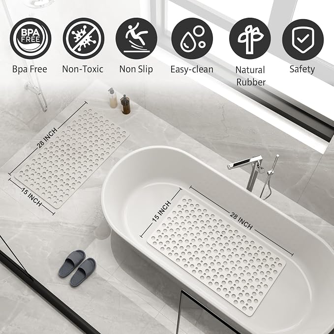 XIYUNTE Shower Mat Non Slip Bath Mat for Tub - 28" x 15" Soft TPE Bathtub Mat Non Slip Shower Mats for Inside Shower, Anti Slip Shower Mat with Suction Cups, Quick-Drying Bath Tub Mat, White