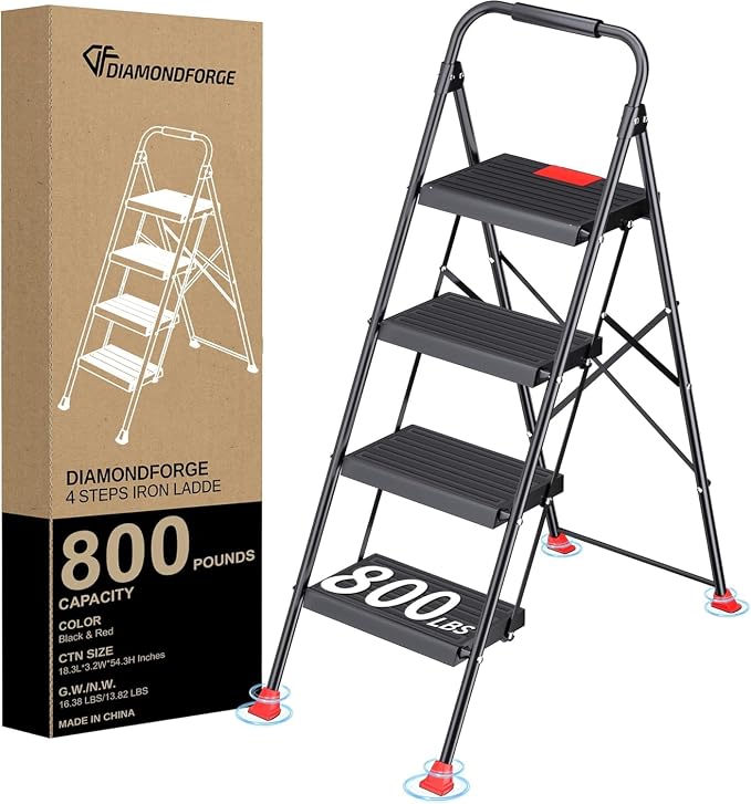 Foldable Step Ladder Folding Stool - 4 Stepping Extension Tall Heavy Duty with Handrails for Home Adults Kitchen - Extendable Stepladder Closet Stepstool Stair Ladders for Indoor House 800Lbs