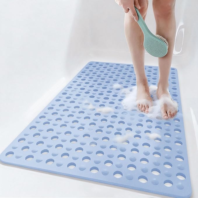 Tiamo Large Bathtub Mat 20.87" x 33.86",Non Slip Shower & Tub Mat for Elderly & Pregnant Women,Big Suction Cups,Quick Drain,Soft & Durable,Blue