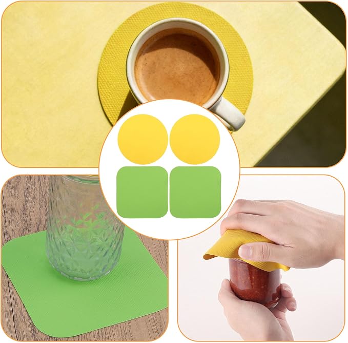 4pcs Rubber Jar Opener, 2 Round & 2 Square Rubber Bottle Opener Pads Non-Slip Texture Jar Lid Remover for the Elderly & Users with Weak Hands