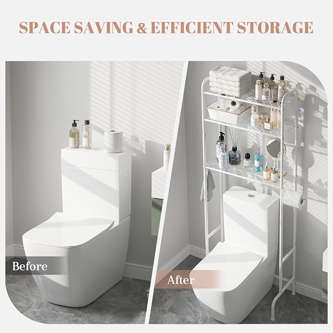 STDDRE 3-Tier Over The Toilet Storage Space Saver with Paper Holder Freestanding Rack Metal Bathroom Shelves with Hooks Above The Toilet Storage Shelf (White, 3 Tier)