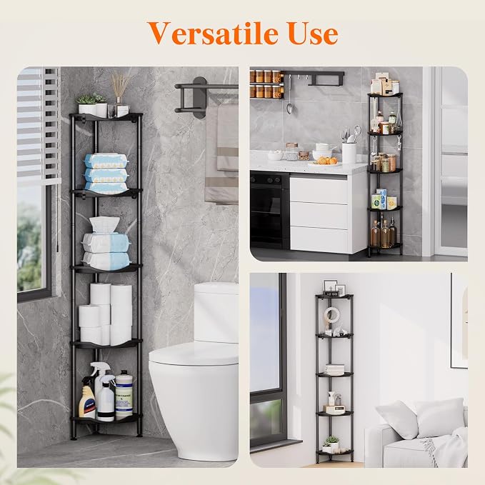 Lifewit Floor Standing Shower Caddy Corner, 5 Tier Plastic Shower Stand Rack with Adjustable Feet and Hooks, Rustproof Bathroom Shelf Organizer, Black，34 x 24 x 139 cm/13 x 9.5 x 55 inch