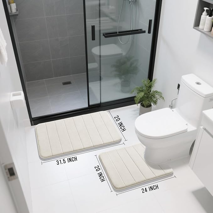Yimobra Memory Foam Bath Mat Set 2 Piece - Super Soft Absorbent Quick Dry Bathroom Toilet Rugs, Machine Washable Non Slip Floor Carpet for Tub Shower & Single Sink (31.5x20 & 24x20, Cream White)