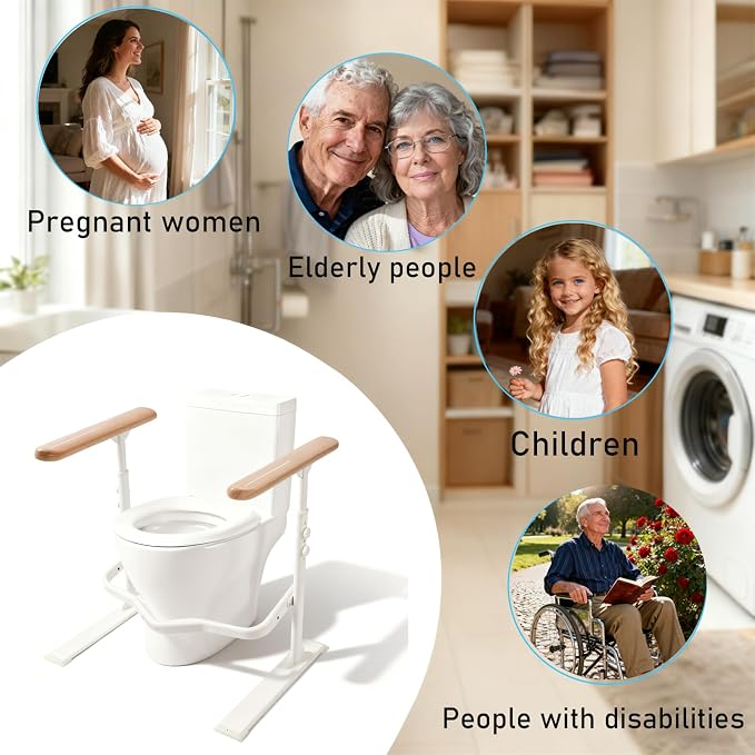 Toilet Safety Rails for Seniors - Toilet Safety Frame with Nighttime Reflective Armrests & Base, 3-Speed Height Adjustment, Toilet Support Frame Fits Most Toilets (Wood Color)
