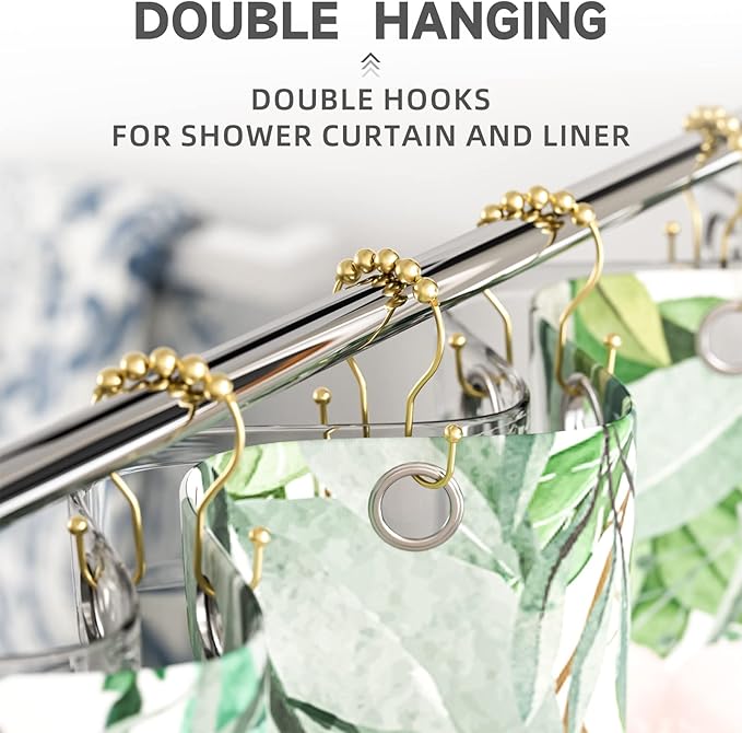 Bathway Gold Shower Curtain Hooks, Shower Curtain Hook Shower Curtain Rings Rust Proof Smooth Double Shower Curtain Hooks, Shower Hooks for Shower Curtain Bathroom Shower Rod Hook 12 Pcs